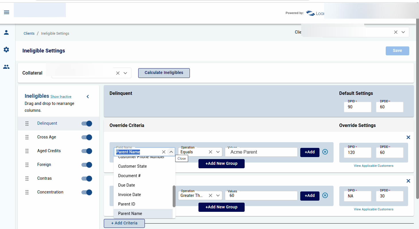 LoanWatch Ineligible Settings — configurable rules engine with drag-and-drop ineligible types